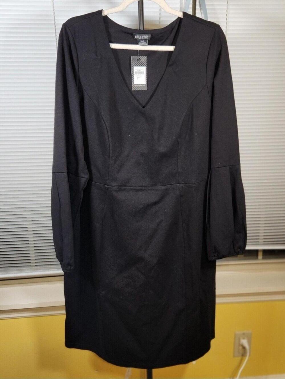 New City Chic 18 $150 Stretch Knit Long Sleeve V-neck Classic Little Black Dress